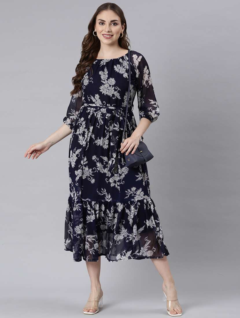 women navy blue three quarter sleeve tiered dress