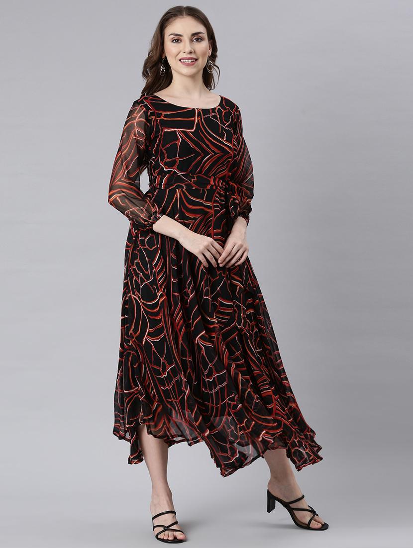 women black three quarter sleeve fit & flare dress - 21729720 - Standard Image - 2