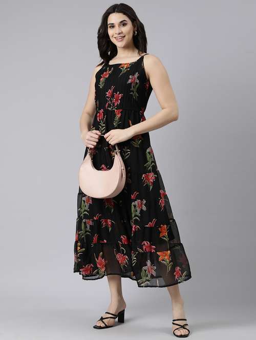 women floral printed shoulder strap tiered dress