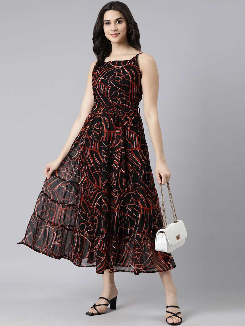 women black printed shoulder strap tiered dress