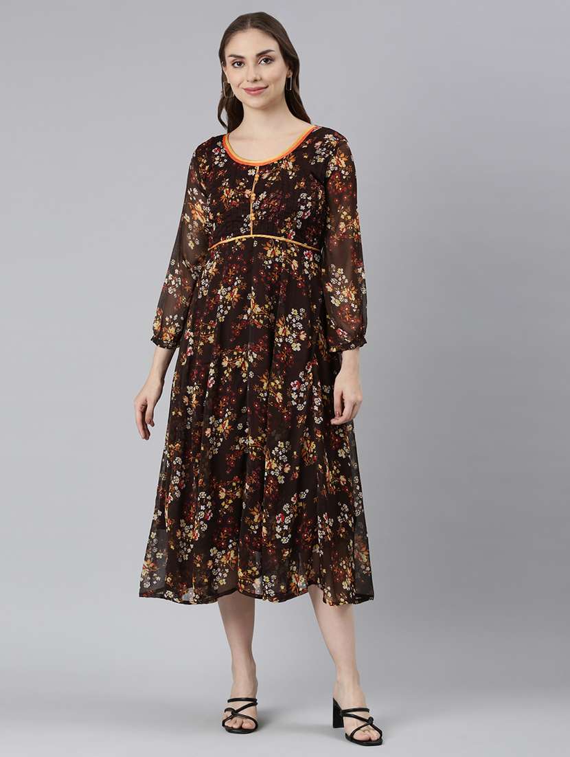 women round neck floral printed a-line ethnic dress