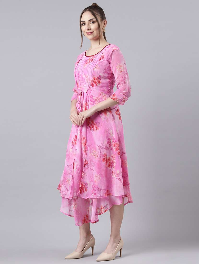 women pink three quarter sleeve a-line dress - 21729738 - Standard Image - 2