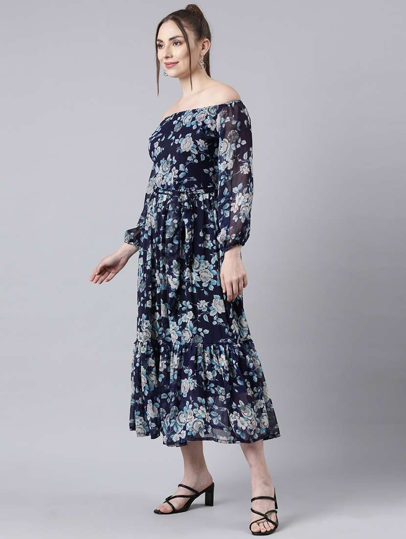 women navy blue floral printed off shoulder tiered dress - 21729739 -  Standard Image - 2