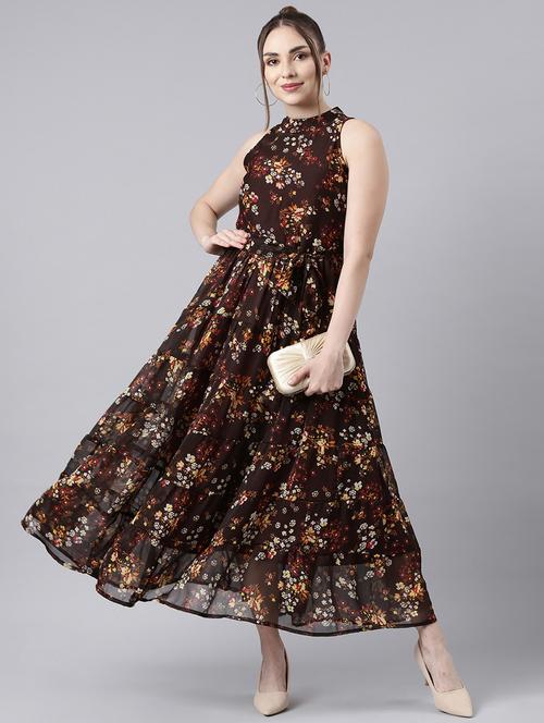 women brown floral printed fit & flare maxi dress - 21729742 -  Standard Image - 0