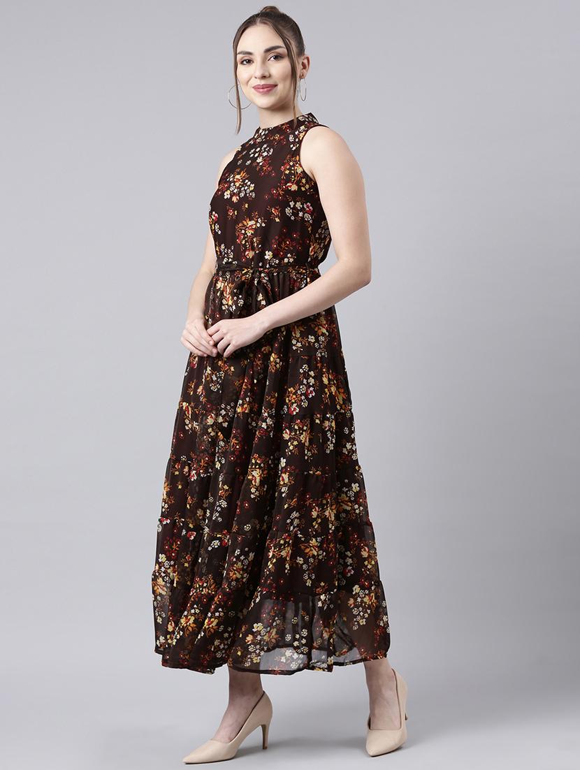 women brown floral printed fit & flare maxi dress - 21729742 - Standard Image - 2