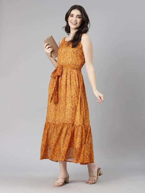 women mustard printed shoulder strap tiered dress