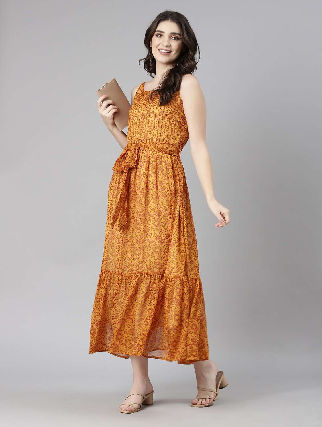 women mustard printed shoulder strap tiered dress