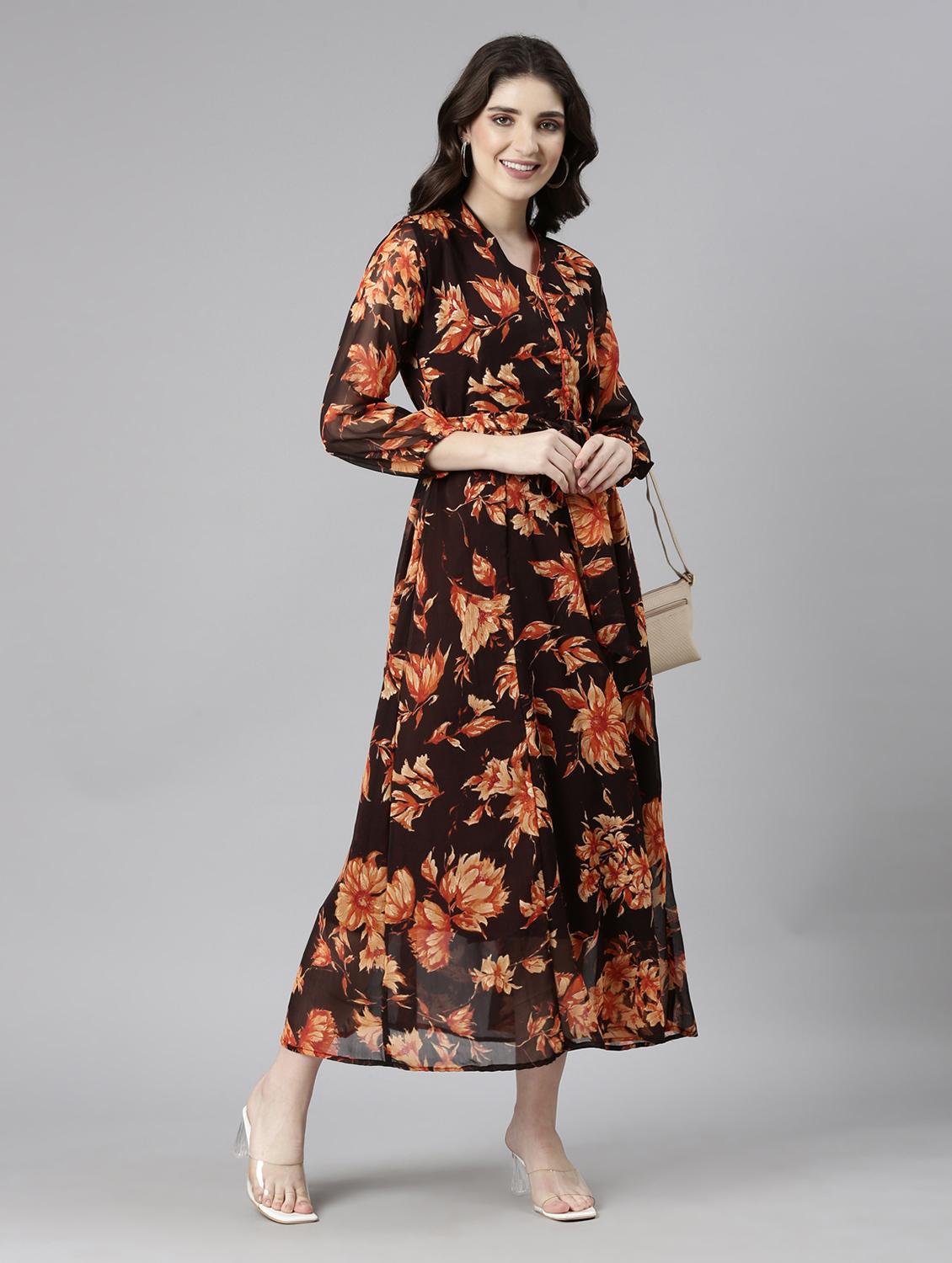 women floral printed three quarter sleeve fit & flare dress - 21729751 - Zoom Image - 0