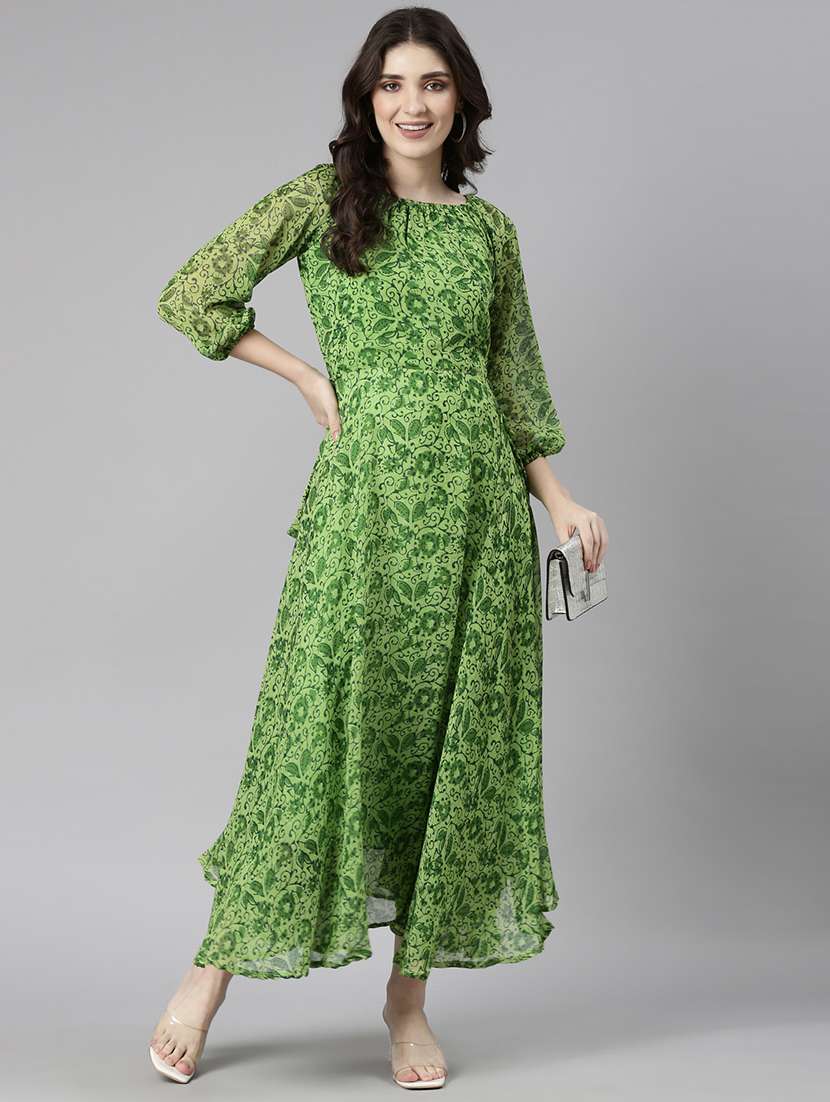 women green printed three quarter sleeve maxi dress