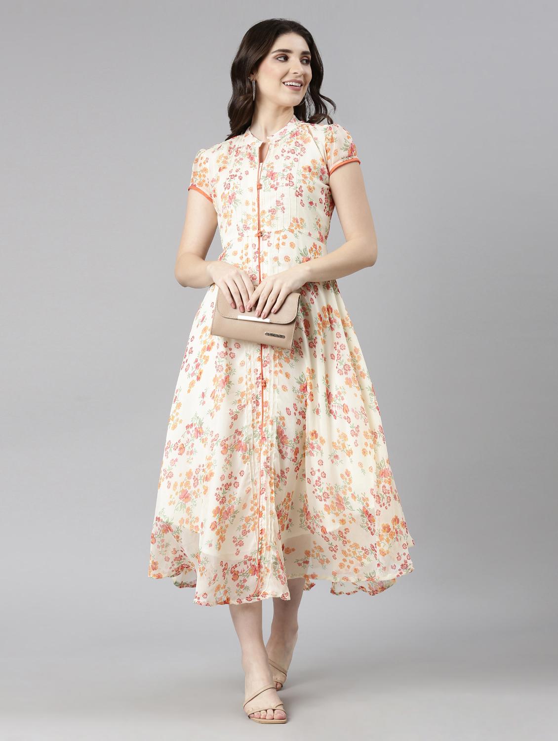 women cream floral printed short sleeve fit & flare dress - 21729754 - Zoom Image - 0