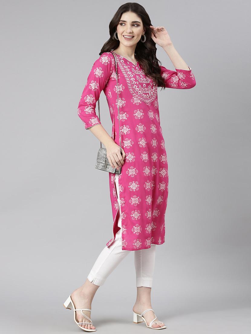 women pink three quarter sleeve straight kurta - 21729755 - Standard Image - 2