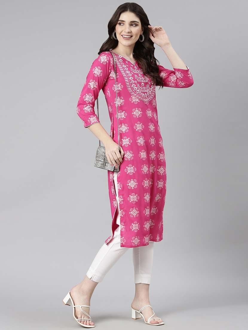 women pink three quarter sleeve straight kurta - 21729756 -  Standard Image - 2