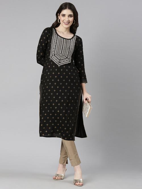 women black three quarter sleeve straight kurta - 21729758 - Standard Image - 0