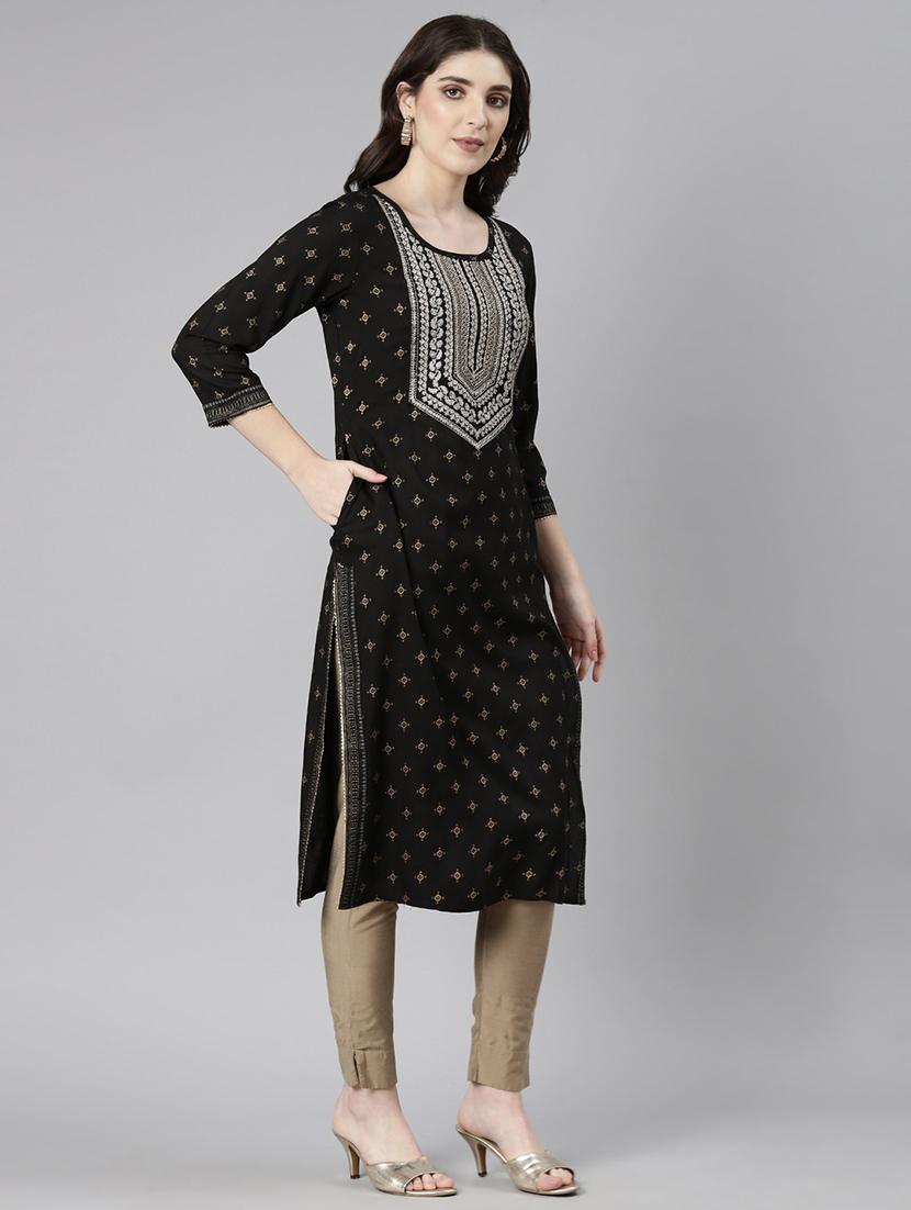 women black three quarter sleeve straight kurta - 21729758 - Standard Image - 2