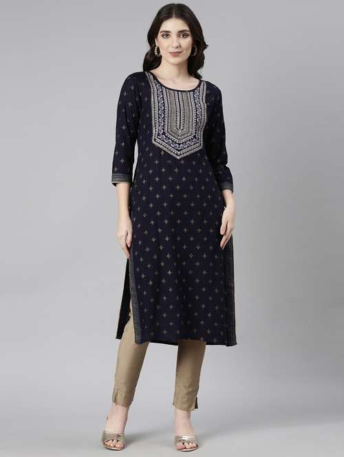 women navy blue three quarter sleeve straight kurta - 21729759 - Standard Image - 0