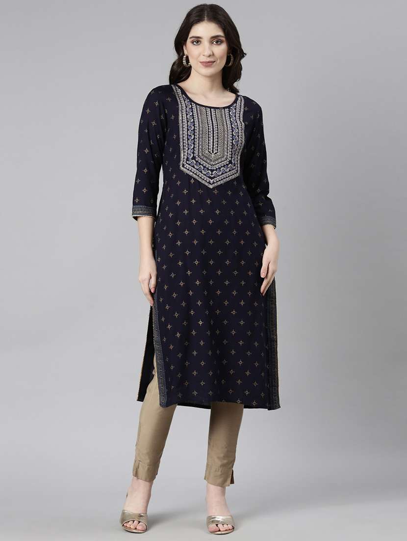 women navy blue three quarter sleeve straight kurta - 21729759 - Zoom Image - 0