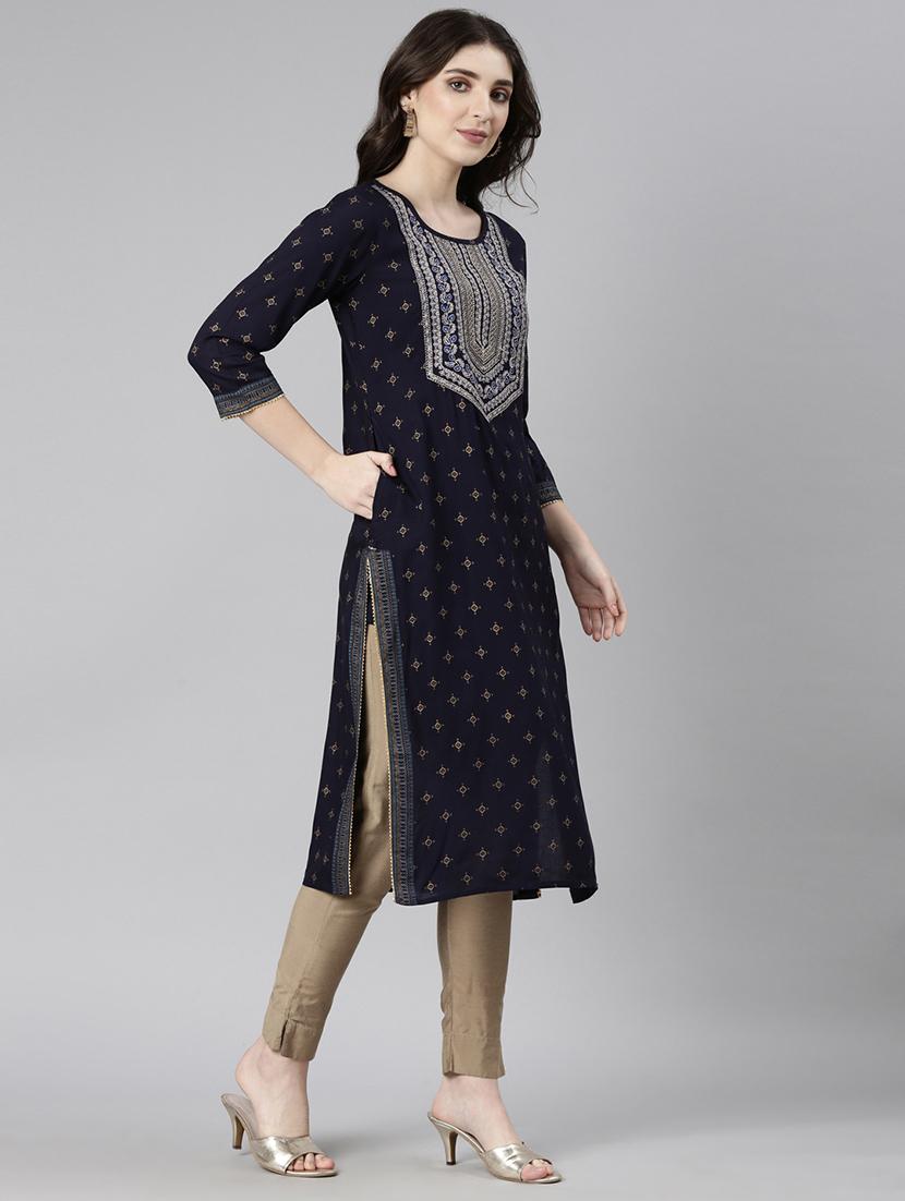women navy blue three quarter sleeve straight kurta - 21729759 - Standard Image - 2