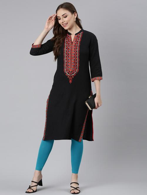 women black three quarter sleeve straight kurta - 21729766 -  Standard Image - 0