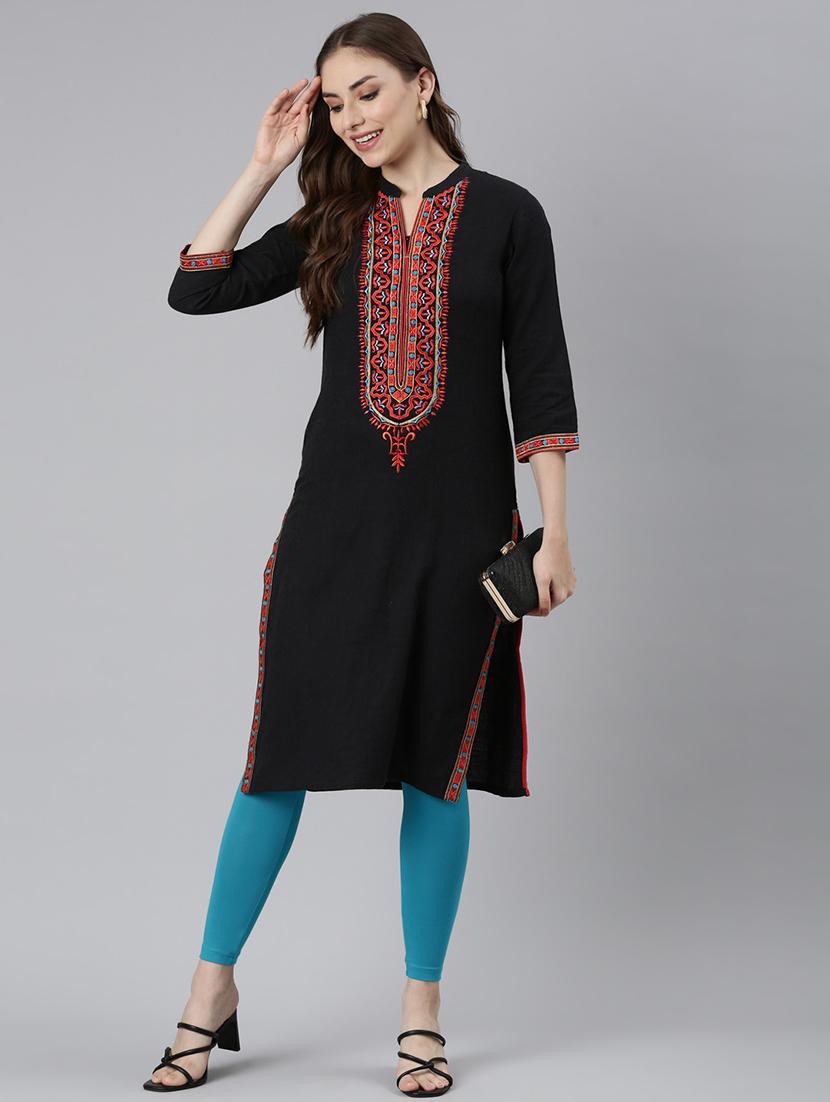 women black three quarter sleeve straight kurta - 21729766 -  Zoom Image - 0