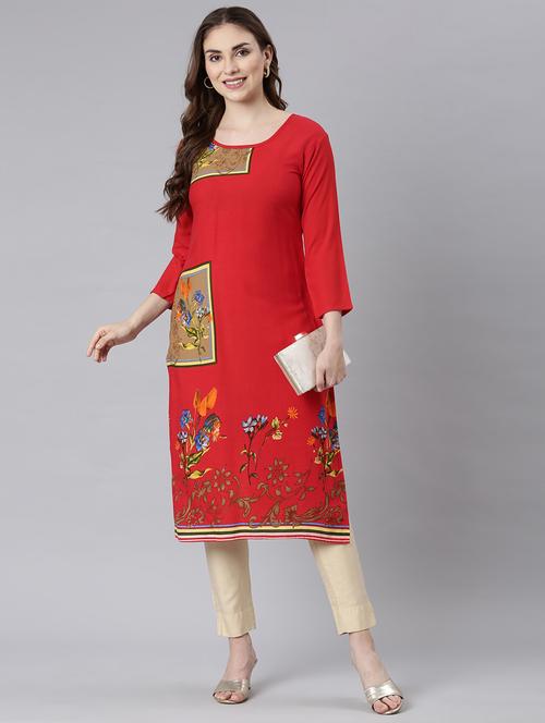 women red three quarter sleeve straight kurta - 21729767 -  Standard Image - 0