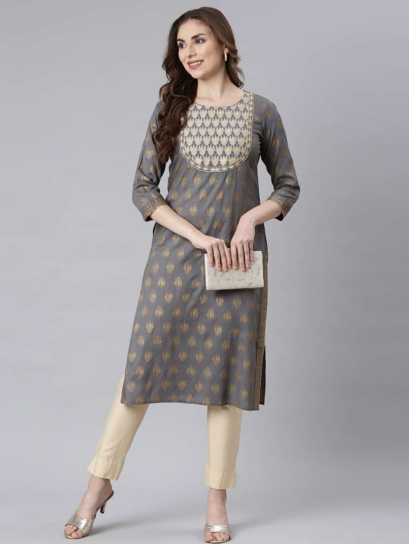 women grey three quarter sleeve straight kurta