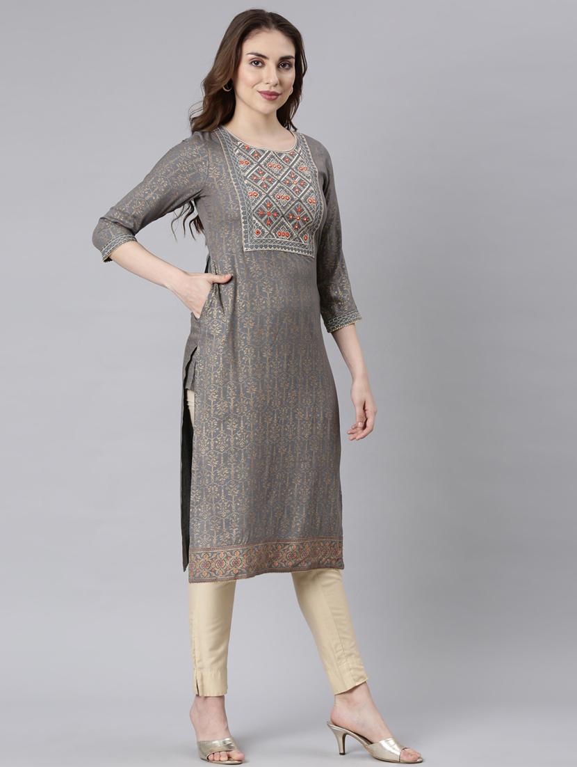 women three quarter sleeve straight kurta - 21729769 - Standard Image - 2