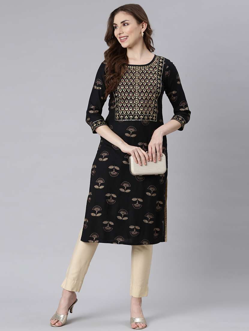 women embroidered three quarter sleeve straight kurta