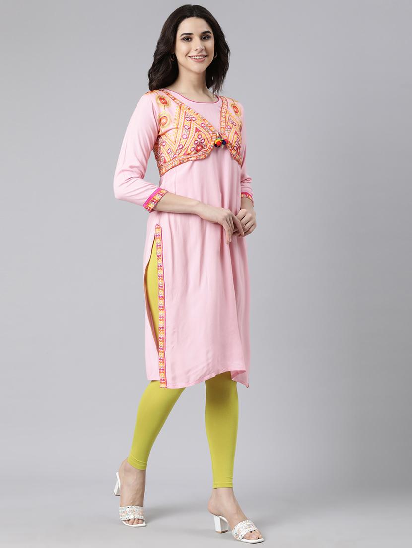 women embroidered three quarter sleeve straight kurta - 21729774 - Standard Image - 2