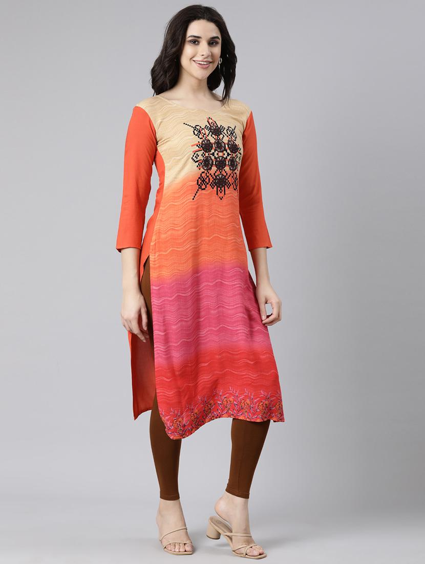 women printed three quarter sleeve straight kurta - 21729776 - Standard Image - 2