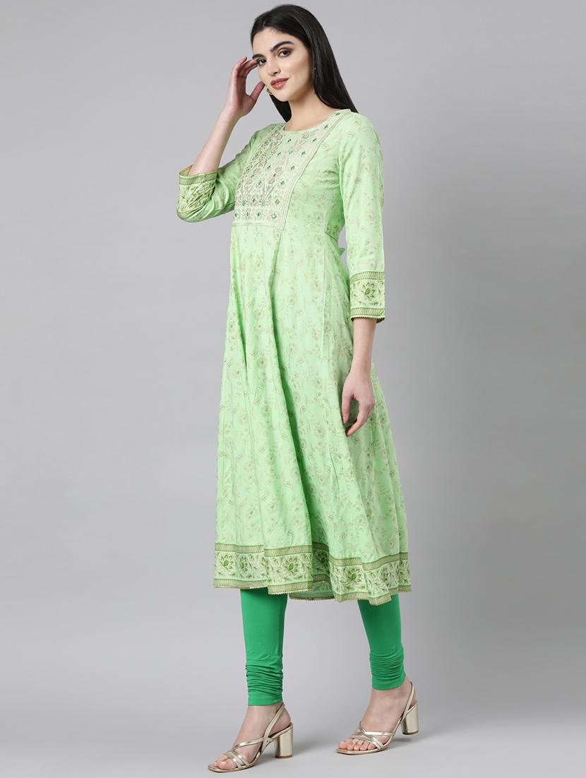 women green three quarter sleeve anarkali kurta - 21729777 - Standard Image - 2