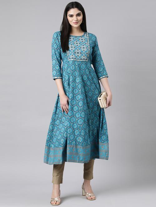 women blue three quarter sleeve anarkali kurta - 21729779 - Standard Image - 0