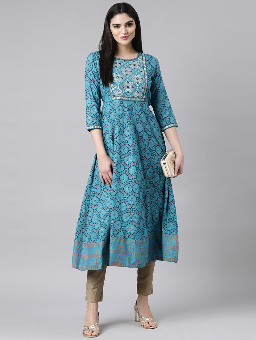 women blue three quarter sleeve anarkali kurta - 21729779 - Zoom Image - 0