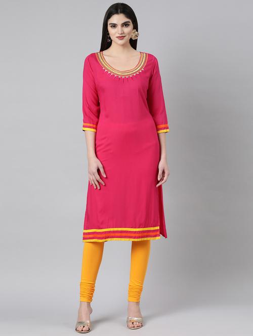 women embroidered three quarter sleeve straight kurta - 21729782 -  Standard Image - 0