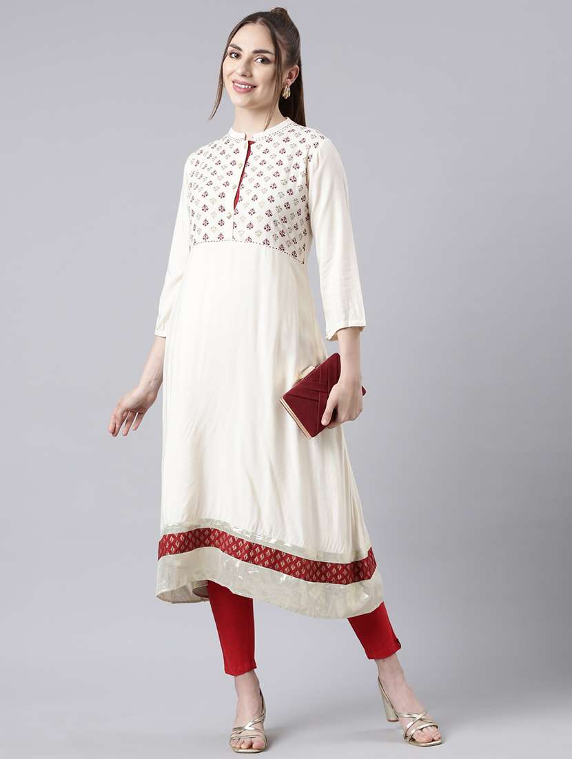 women cream three quarter sleeve a-line kurta