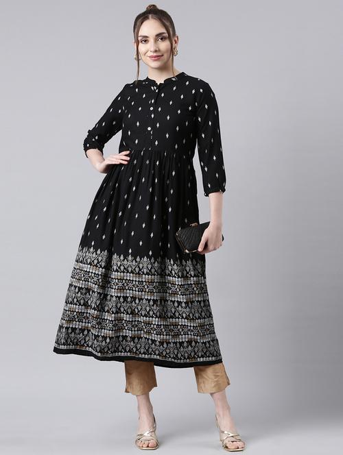 women black printed three quarter sleeve flared kurta - 21729787 -  Standard Image - 0
