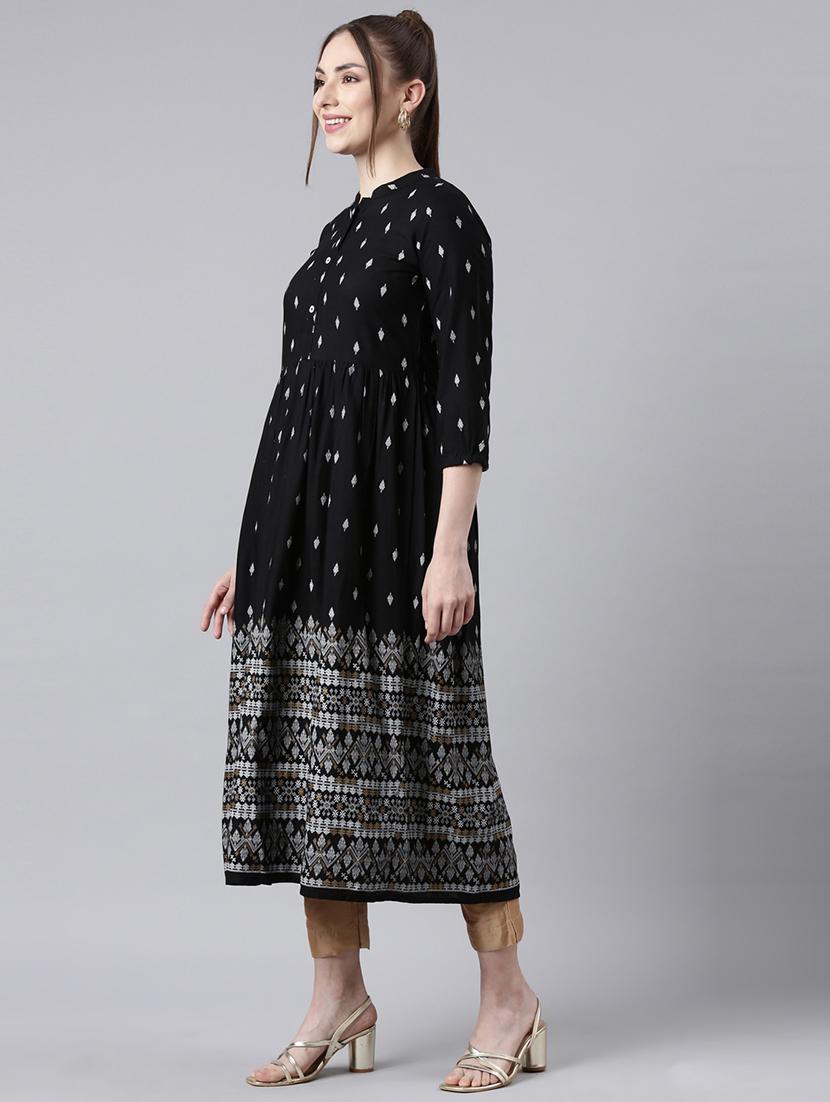 women black printed three quarter sleeve flared kurta - 21729787 - Standard Image - 2