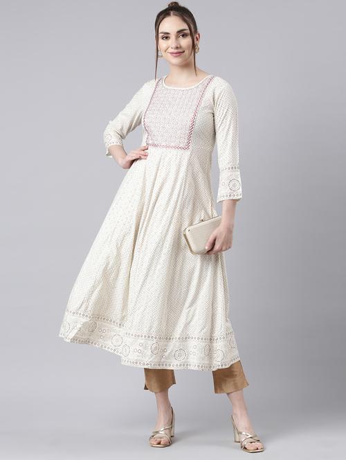 women cream three quarter sleeve flared kurta - 21729788 -  Standard Image - 0