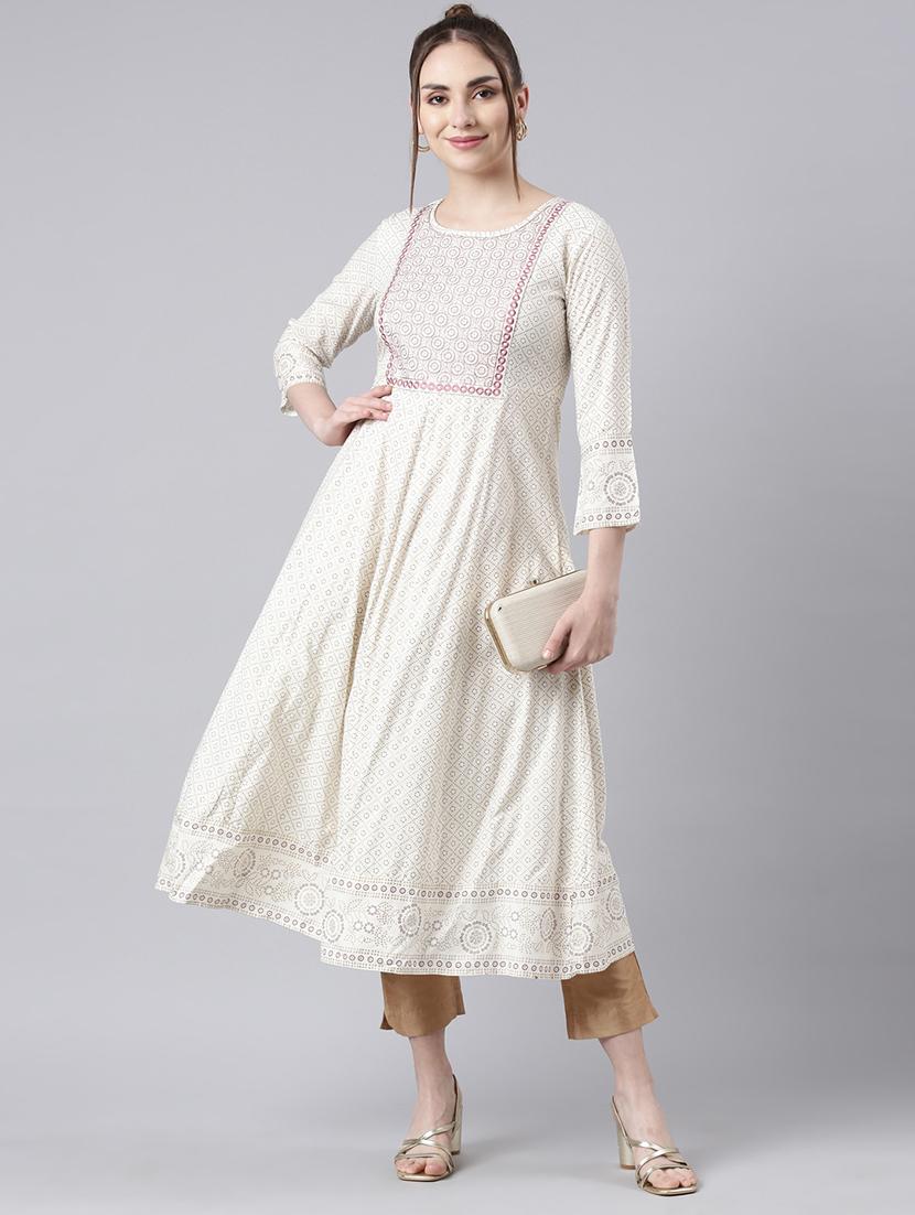 women cream three quarter sleeve flared kurta - 21729788 -  Zoom Image - 0