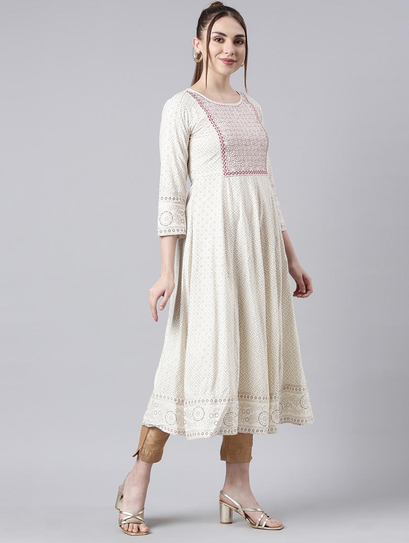women cream three quarter sleeve flared kurta - 21729788 - Standard Image - 2