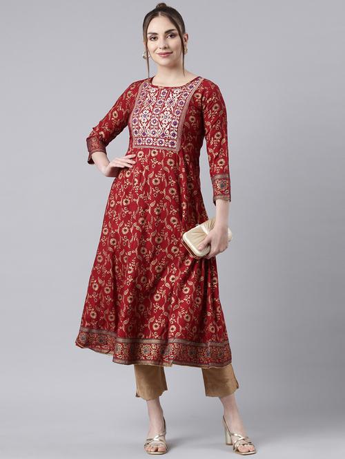 women embroidered three quarter sleeve flared kurta - 21729790 - Standard Image - 0