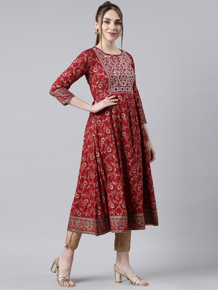 women embroidered three quarter sleeve flared kurta - 21729790 - Standard Image - 2