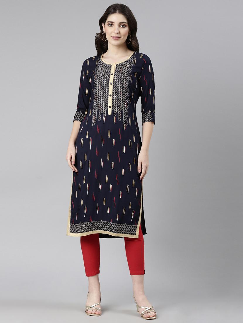 women embroidered three quarter sleeve straight kurta - 21729794 - Zoom Image - 0