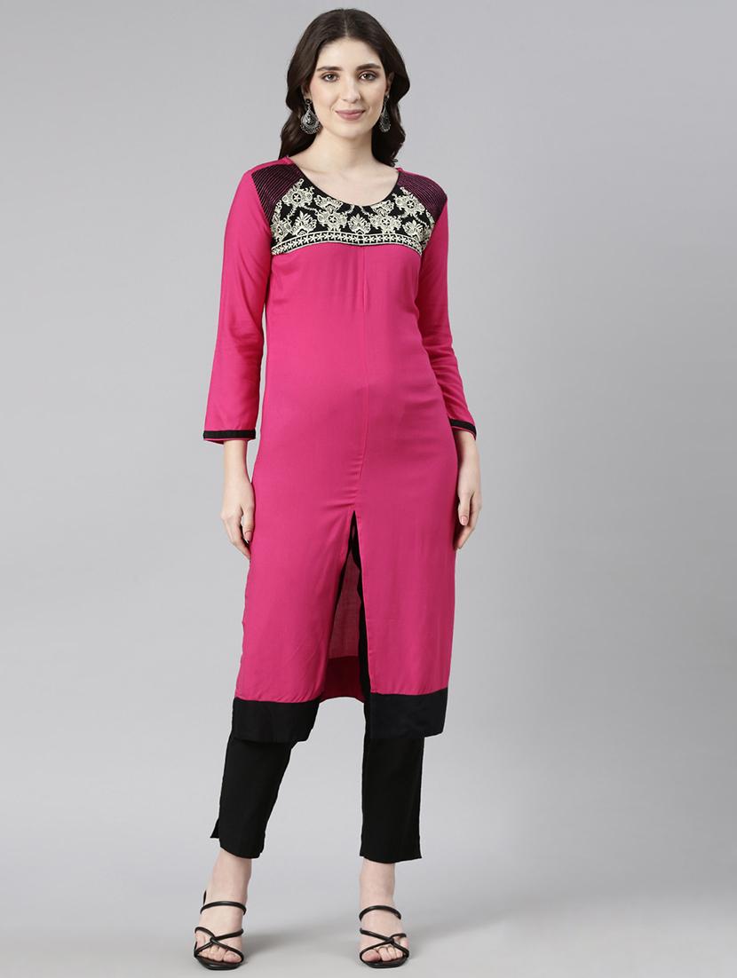women embroidered three quarter sleeve straight kurta - 21729795 - Zoom Image - 0