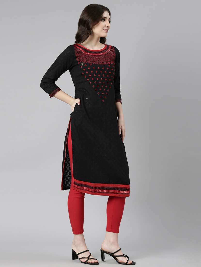 women embroidered three quarter sleeve straight kurta - 21729796 -  Standard Image - 2