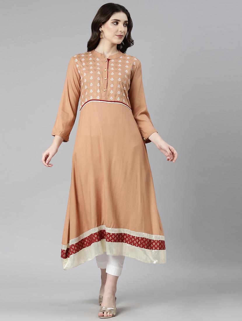 women beige three quarter sleeve a-line kurta - 21729797 - Zoom Image - 0