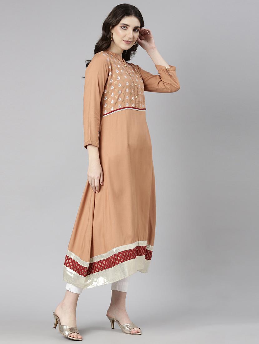 women beige three quarter sleeve a-line kurta - 21729797 - Standard Image - 2