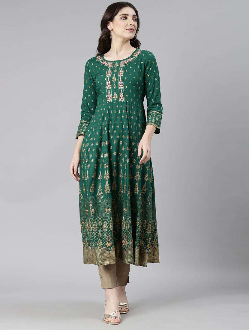 women green three quarter sleeve flared kurta - 21729799 -  Standard Image - 2