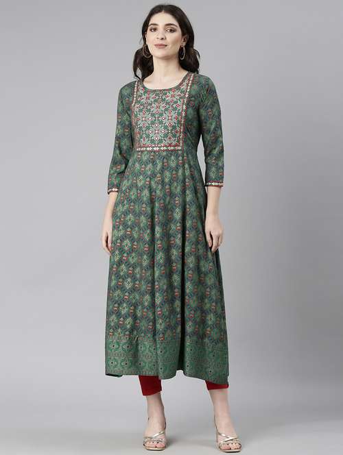 women green three quarter sleeve flared kurta - 21729800 -  Standard Image - 0
