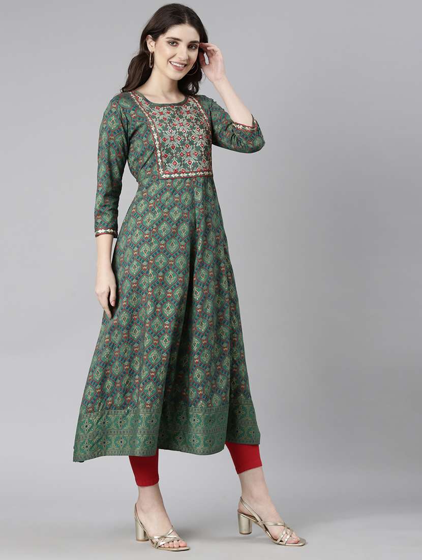 women green three quarter sleeve flared kurta - 21729800 -  Standard Image - 2