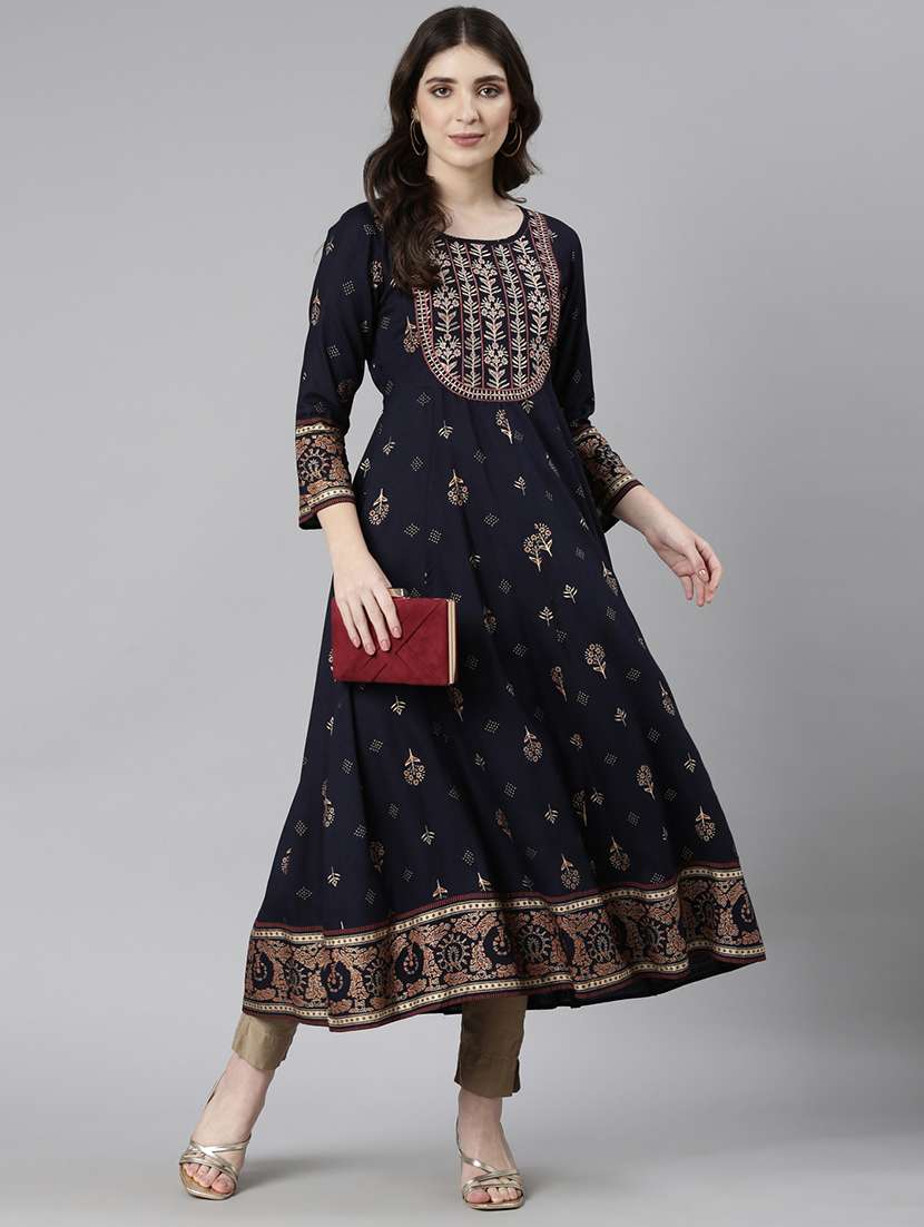 women navy blue three quarter sleeve flared kurta
